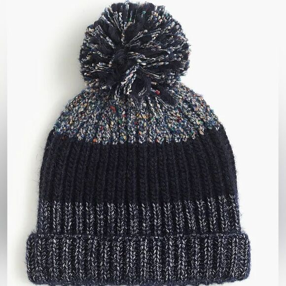 Jcrew cozy rib knit metallic navy Wool alpaca Blend Beanie Pom Pom Hat - Picture 2 of 8
